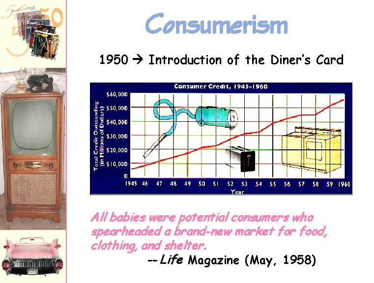 Consumerism 1950 Introduction of the Diner’s Card All babies were potential consumers who spearheaded
