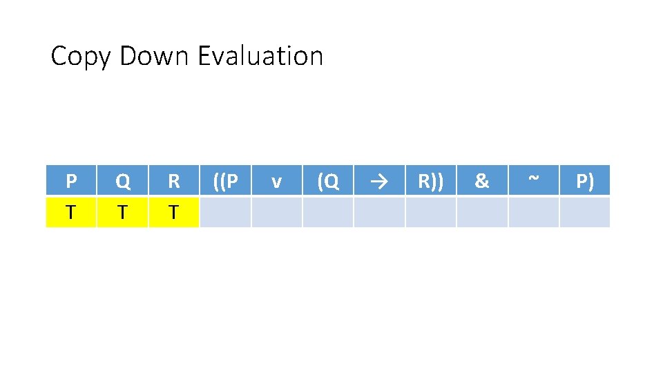 Copy Down Evaluation P T Q T R T ((P v (Q → R))