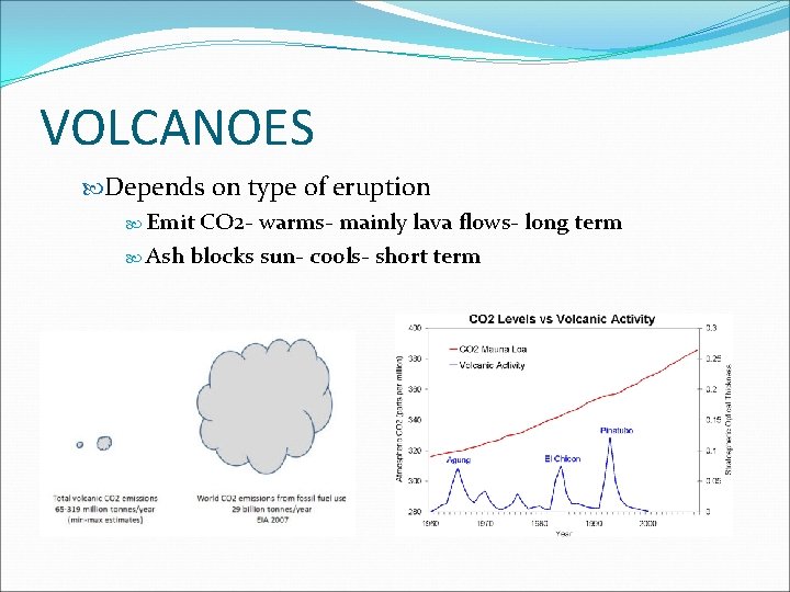 VOLCANOES Depends on type of eruption Emit CO 2 - warms- mainly lava flows-