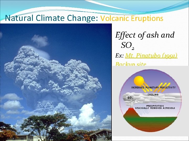 Natural Climate Change: Volcanic Eruptions Effect of ash and SO 2 Ex: Mt. Pinatubo