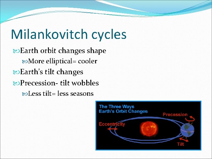 Milankovitch cycles Earth orbit changes shape More elliptical= cooler Earth’s tilt changes Precession- tilt