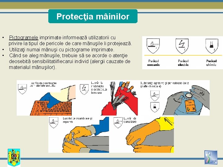 Protecţia mâinilor • Pictogramele imprimate informează utilizatorii cu privire la tipul de pericole de