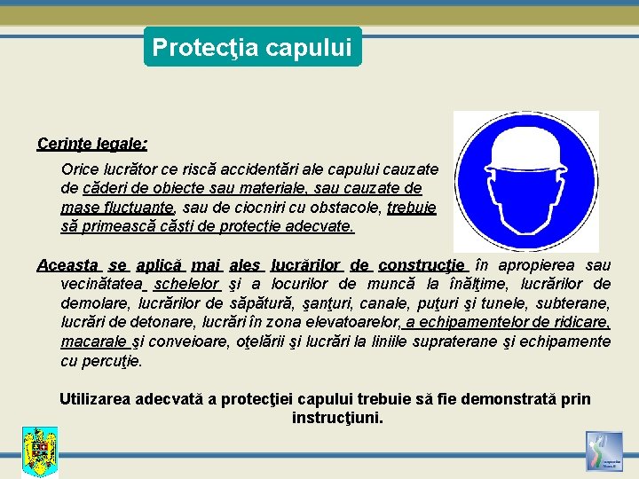 Protecţia capului Cerinţe legale: Orice lucrător ce riscă accidentări ale capului cauzate de căderi