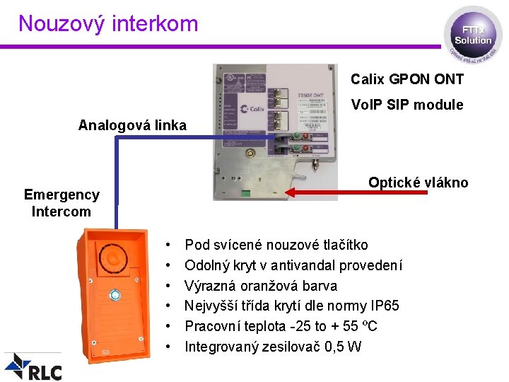 Nouzový interkom Calix GPON ONT Vo. IP SIP module Analogová linka Optické vlákno Emergency