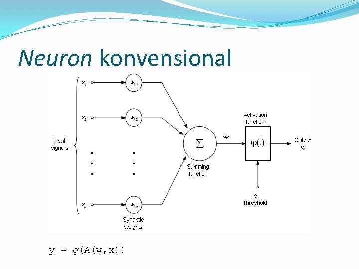 Neuron konvensional y = g(A(w, x)) 