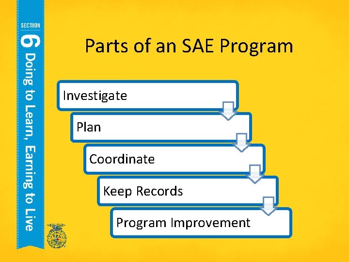 Parts of an SAE Program Investigate Plan Coordinate Keep Records Program Improvement 