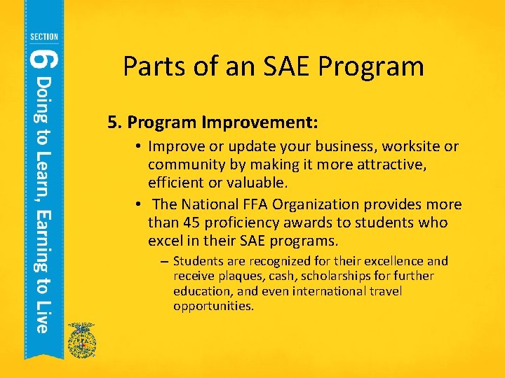 Parts of an SAE Program 5. Program Improvement: • Improve or update your business,