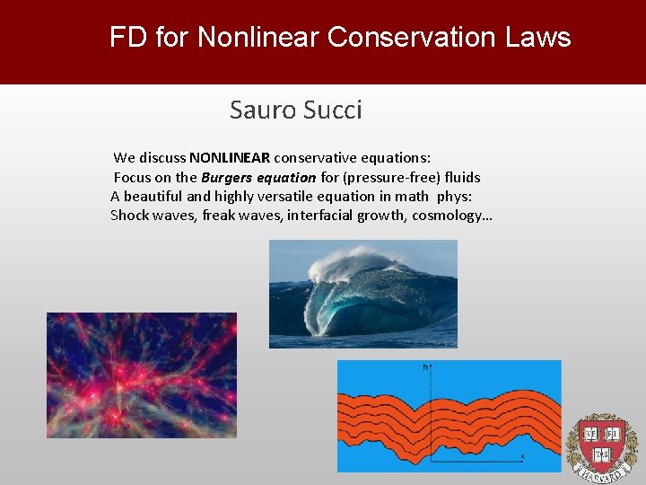 FD for Nonlinear Conservation Laws Sauro Succi We discuss NONLINEAR conservative equations: Focus on