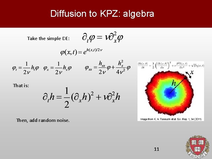 Diffusion to KPZ: algebra Take the simple DE: That is: Then, add random noise.