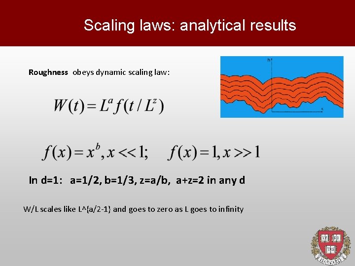 Scaling laws: analytical results Roughness obeys dynamic scaling law: In d=1: a=1/2, b=1/3, z=a/b,