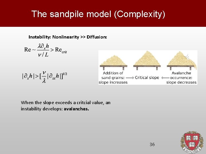 The sandpile model (Complexity) Instability: Nonlinearity >> Diffusion: When the slope exceeds a critcial