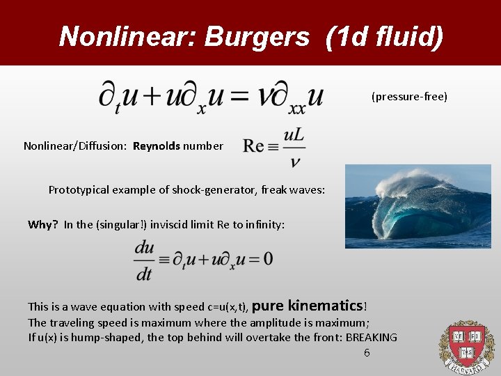 Nonlinear: Burgers (1 d fluid) (pressure-free) Nonlinear/Diffusion: Reynolds number Prototypical example of shock-generator, freak