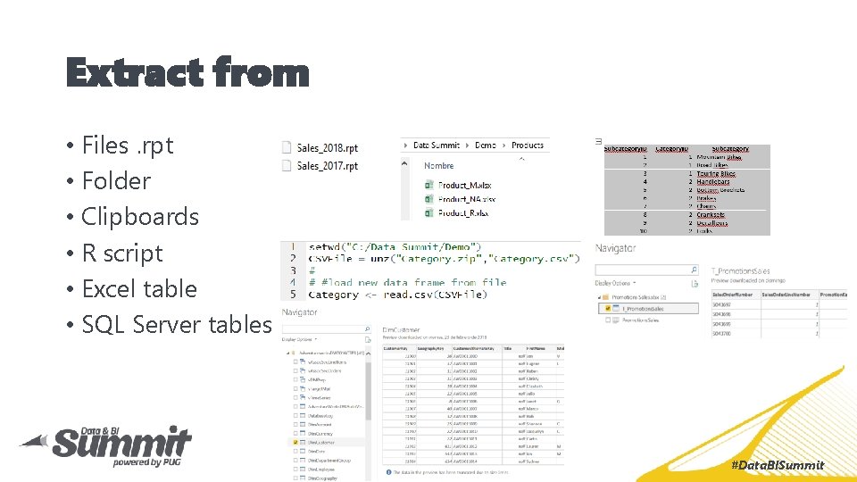 Extract from • Files. rpt • Folder • Clipboards • R script • Excel