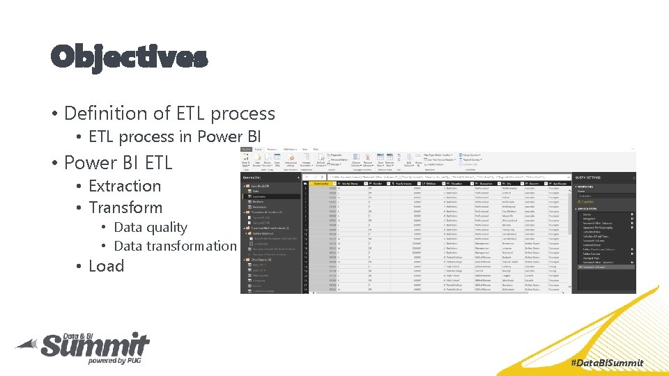 Objectives • Definition of ETL process • ETL process in Power BI • Power