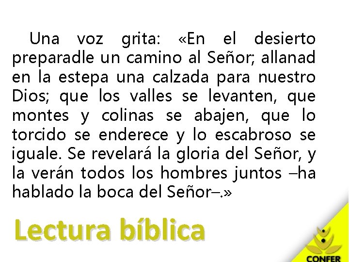 Una voz grita: «En el desierto preparadle un camino al Señor; allanad en la