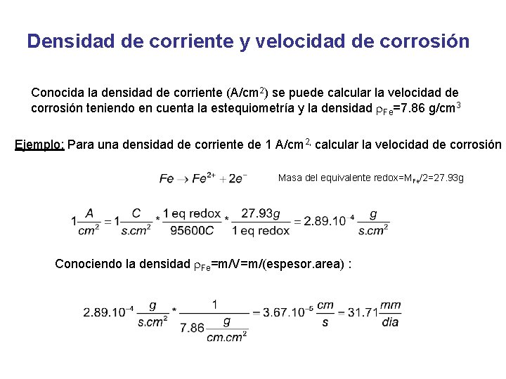 Densidad de corriente y velocidad de corrosión Conocida la densidad de corriente (A/cm 2)