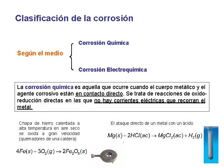 Clasificación de la corrosión Corrosión Química Según el medio Corrosión Electroquímica La corrosión química