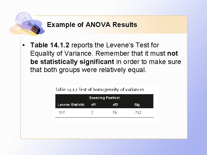 Example of ANOVA Results • Table 14. 1. 2 reports the Levene’s Test for