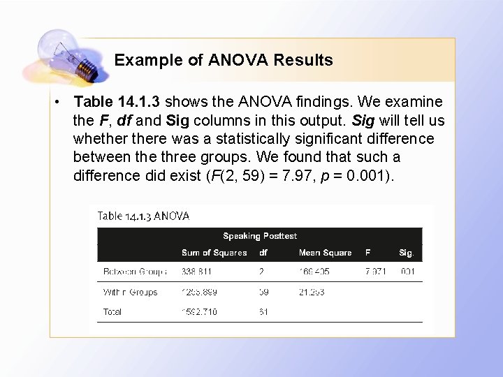 Example of ANOVA Results • Table 14. 1. 3 shows the ANOVA findings. We