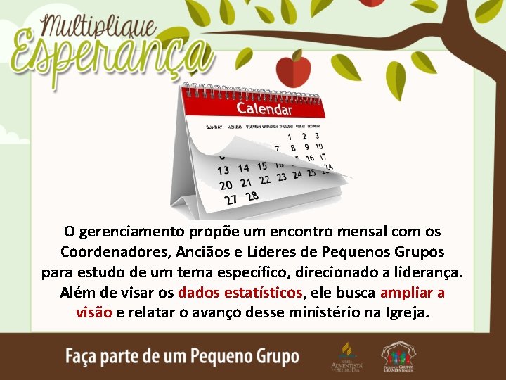 O gerenciamento propõe um encontro mensal com os Coordenadores, Anciãos e Líderes de Pequenos