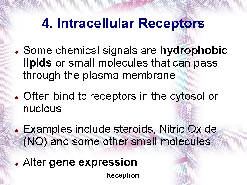 4. Intracellular Receptors Some chemical signals are hydrophobic lipids or small molecules that can