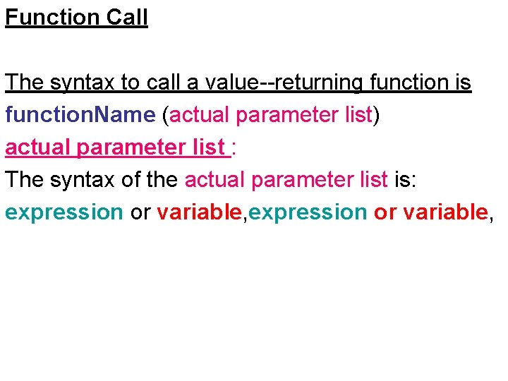Function Call The syntax to call a value--returning function is function. Name (actual parameter