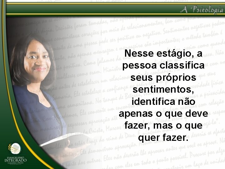Nesse estágio, a pessoa classifica seus próprios sentimentos, identifica não apenas o que deve