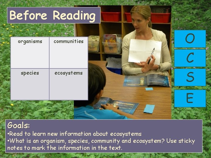 Before Reading organisms species communities ecosystems O C S E Goals: • Read to Before Reading organisms species communities ecosystems O C S E Goals: • Read to