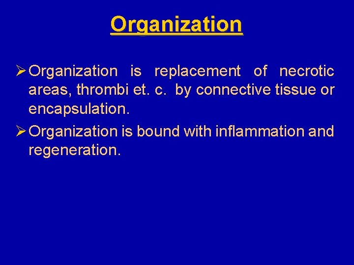Organization Ø Organization is replacement of necrotic areas, thrombi et. c. by connective tissue