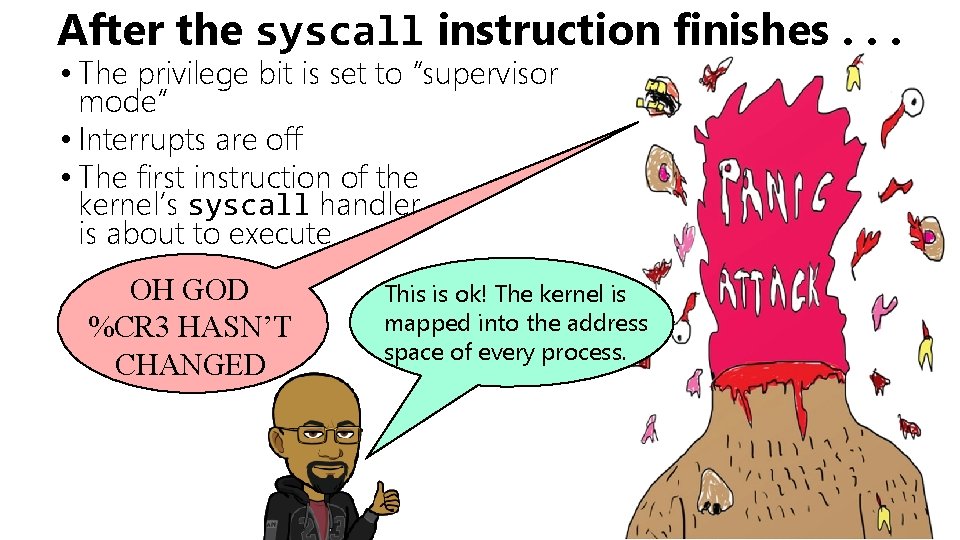 After the syscall instruction finishes. . . • The privilege bit is set to