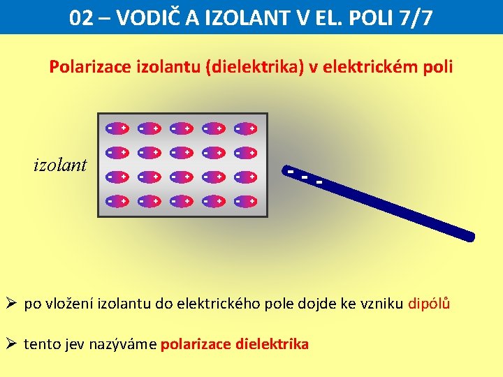 02 – VODIČ A IZOLANT V EL. POLI 7/7 Polarizace izolantu (dielektrika) v elektrickém