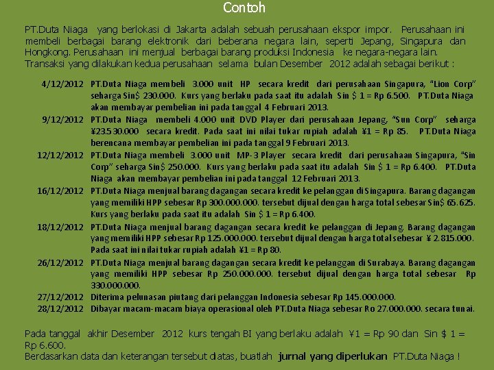 Contoh PT. Duta Niaga yang berlokasi di Jakarta adalah sebuah perusahaan ekspor impor. Perusahaan