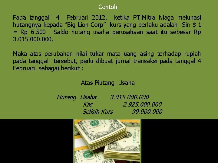 Contoh Pada tanggal 4 Februari 2012, ketika PT. Mitra Niaga melunasi hutangnya kepada “Big