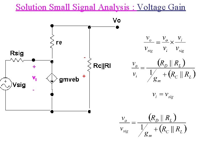 Solution Small Signal Analysis : Voltage Gain + vi - + 