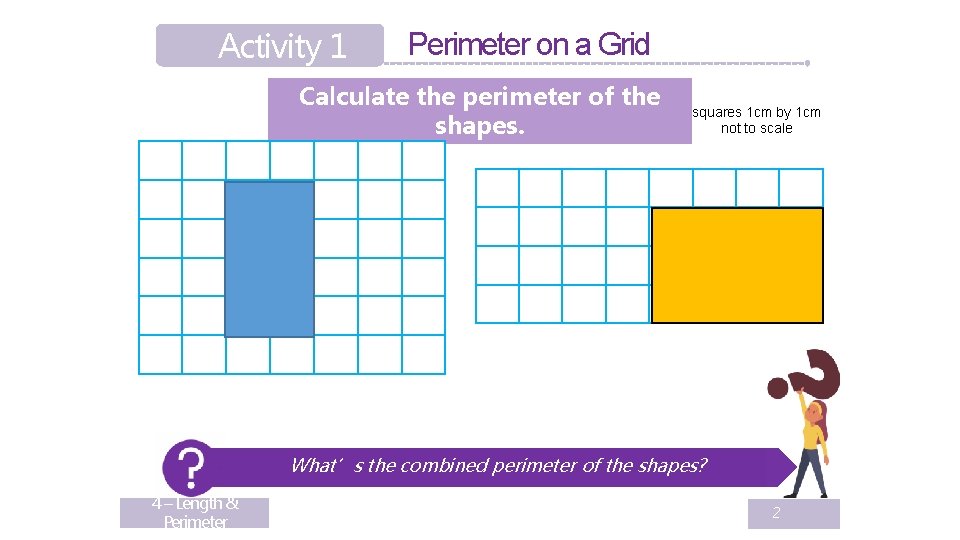 Activity 1 Perimeter on a Grid Calculate the perimeter of the shapes. squares 1 Activity 1 Perimeter on a Grid Calculate the perimeter of the shapes. squares 1