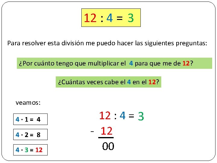 12 : 4 = 3 Para resolver esta división me puedo hacer las siguientes