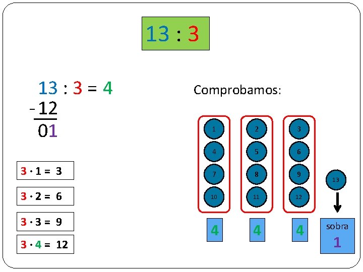 13 : 3 = 4 - 12 01 Comprobamos: 1 2 3 4 5