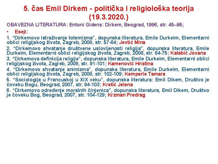 5. čas Emil Dirkem - politička i religiološka teorija (19. 3. 2020. ) OBAVEZNA