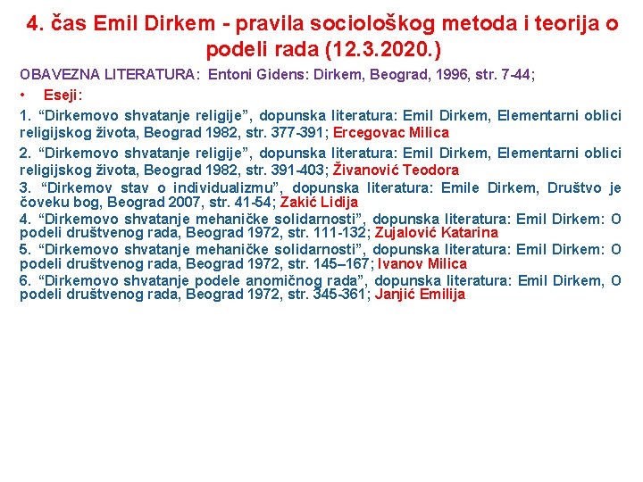 4. čas Emil Dirkem - pravila sociološkog metoda i teorija o podeli rada (12.