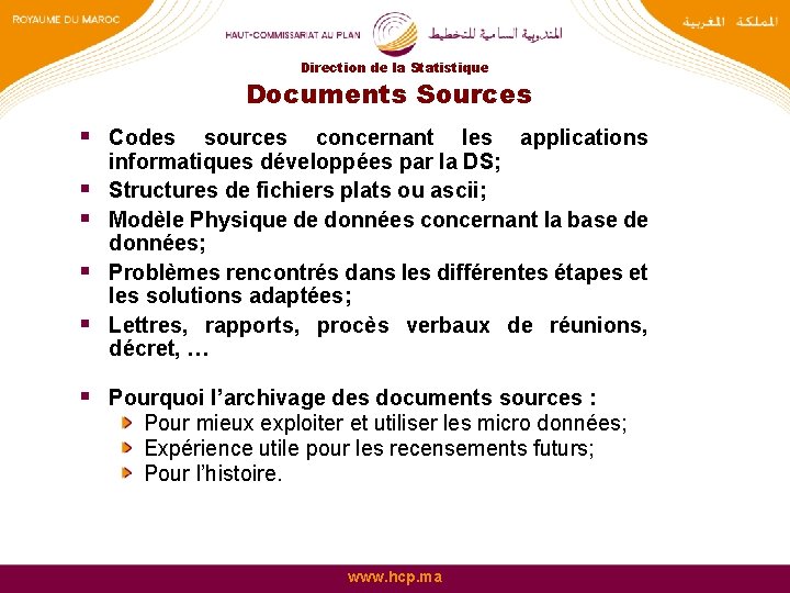 Direction de la Statistique Documents Sources § Codes § § sources concernant les applications