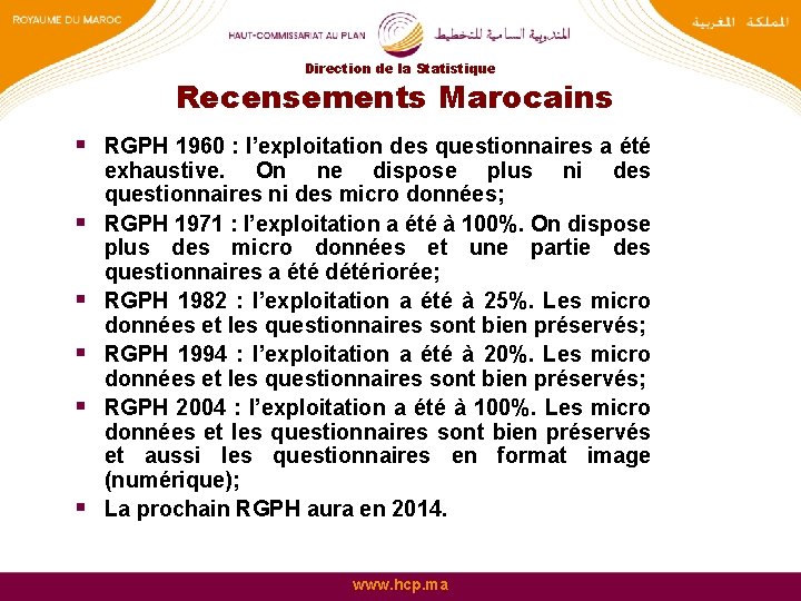 Direction de la Statistique Recensements Marocains § RGPH 1960 : l’exploitation des questionnaires a