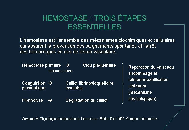 HÉMOSTASE : TROIS ÉTAPES ESSENTIELLES L’hémostase est l’ensemble des mécanismes biochimiques et cellulaires qui