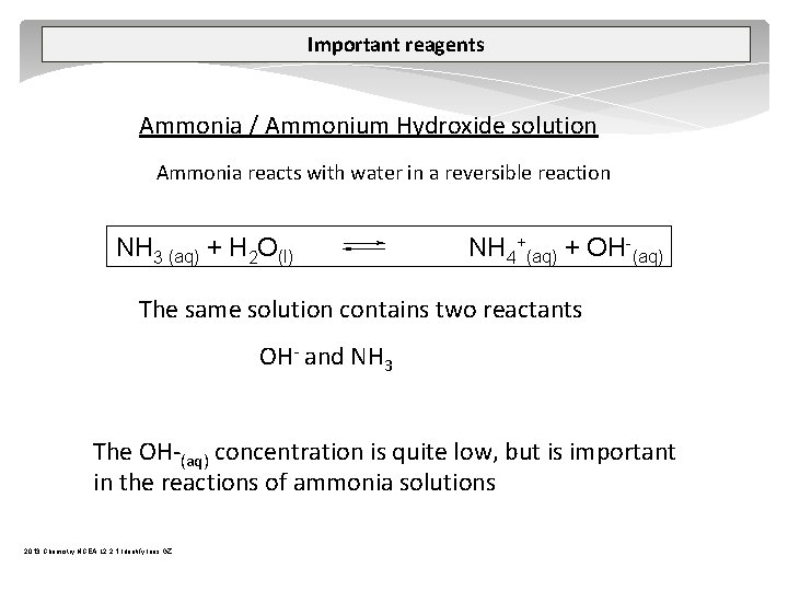 Important reagents Ammonia / Ammonium Hydroxide solution Ammonia reacts with water in a reversible