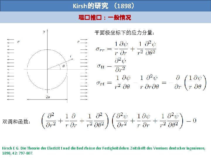 Kirsh的研究 （1898） 理�推�：一般情况 平面极坐标下的应力分量： 双调和函数： Kirsch E G. Die Theorie der Elastizit t und