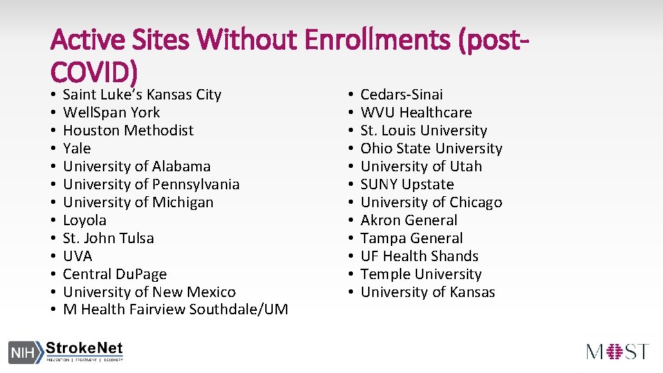 Active Sites Without Enrollments (post. COVID) • • • • Saint Luke’s Kansas City