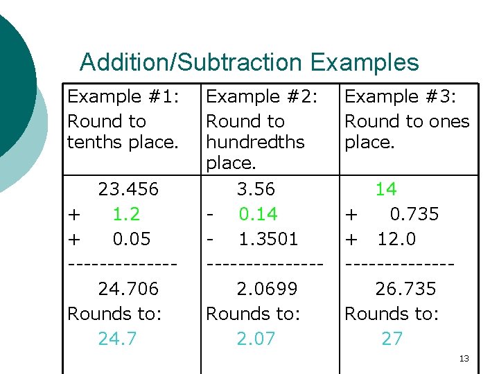 Addition/Subtraction Examples Example #1: Round to tenths place. 23. 456 + 1. 2 +