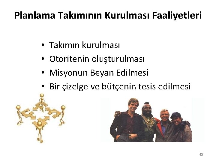 Planlama Takımının Kurulması Faaliyetleri • • Takımın kurulması Otoritenin oluşturulması Misyonun Beyan Edilmesi Bir