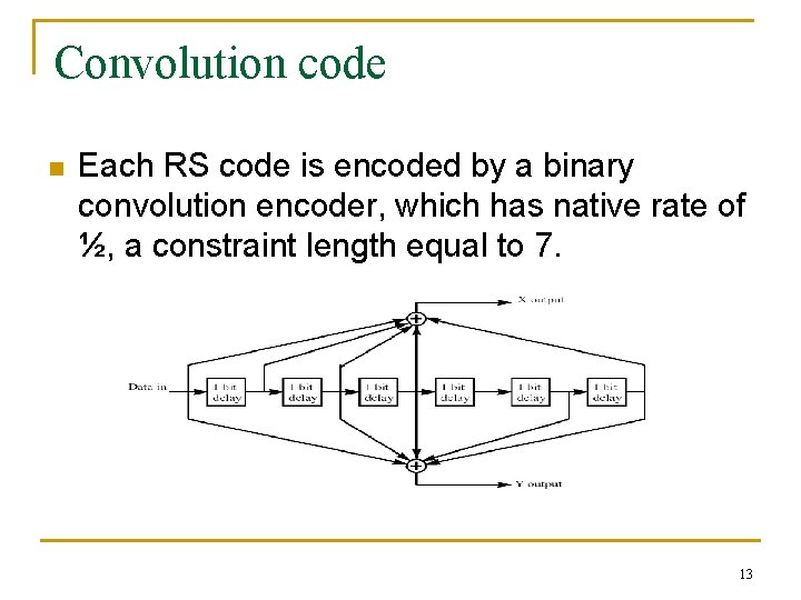 Convolution code n Each RS code is encoded by a binary convolution encoder, which Convolution code n Each RS code is encoded by a binary convolution encoder, which
