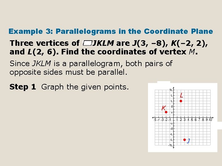 Example 3: Parallelograms in the Coordinate Plane Three vertices of JKLM are J(3, –