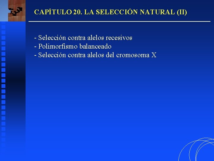 CAPÍTULO 20. LA SELECCIÓN NATURAL (II) - Selección contra alelos recesivos - Polimorfismo balanceado CAPÍTULO 20. LA SELECCIÓN NATURAL (II) - Selección contra alelos recesivos - Polimorfismo balanceado